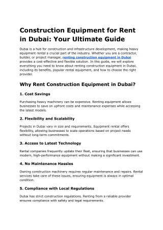 Construction Equipment rental companies in Dubai UAE - Equipment for rent