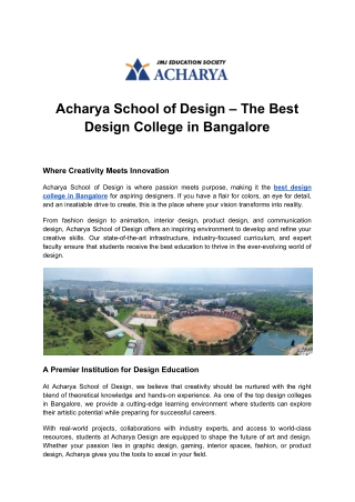 Acharya School of Design – The Best Design College in Bangalore for Future