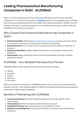 Leading Pharmaceutical Manufacturing Companies in Delhi - ALDEMedi