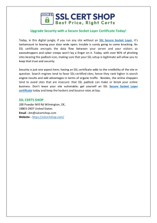 Upgrade Security with a Secure Socket Layer Certificate Today!