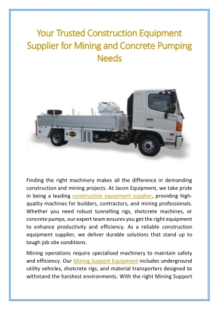 Your Trusted Construction Equipment Supplier for Mining and Concrete Pumping Needs