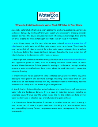 where to install automatic water shut off valve