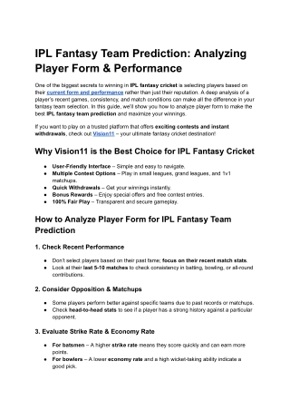 IPL Fantasy Team Prediction: Analyzing Player Form & Performance