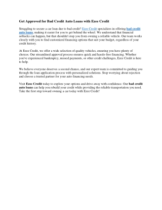 Get Approved for Bad Credit Auto Loans with Ezee Credit