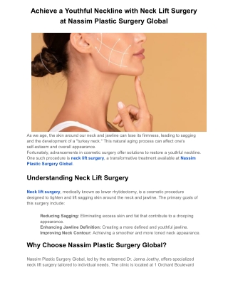 Achieve a Youthful Neckline with Neck Lift Surgery at Nassim Plastic Surgery