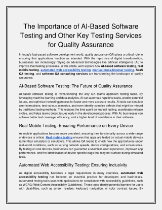 The Importance of AI-Based Software Testing and Other Key Testing Services for Quality Assurance