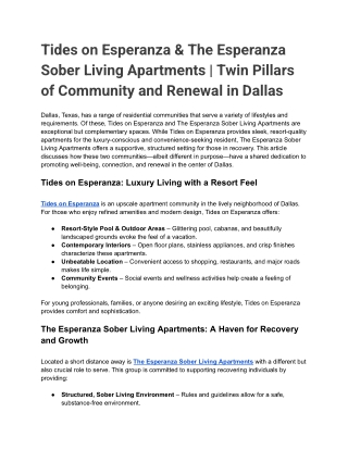 Tides on Esperanza & The Esperanza Sober Living Apartments _ Twin Pillars of Community and Renewal in Dallas