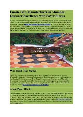 Finish Tiles Manufacturer in Mumbai: Discover Excellence with Paver Blocks