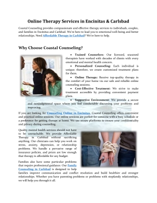 Online Therapy Services in Encinitas & Carlsbad