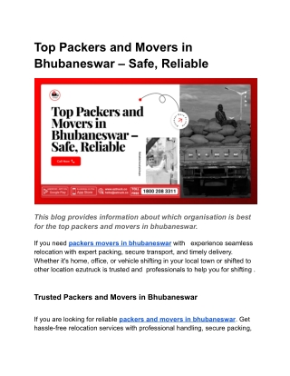 Top Packers and Movers in Bhubaneswar – Safe, Reliable