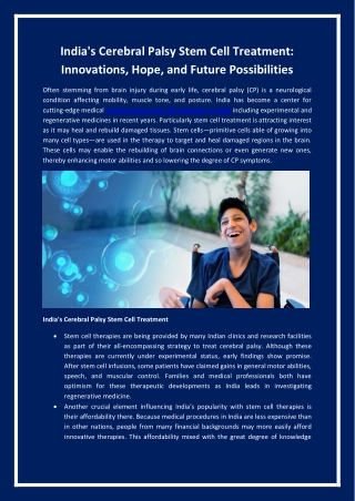 India's Cerebral Palsy Stem Cell Treatment Innovations, Hope, and Future Possibilities