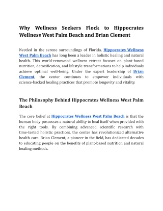 Why Wellness Seekers Flock to Hippocrates Wellness West Palm Beach and Brian Clement