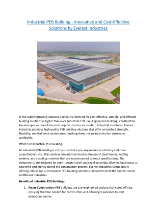 Industrial PEB Building - Innovative and Cost-Effective Solutions by Everest Industries