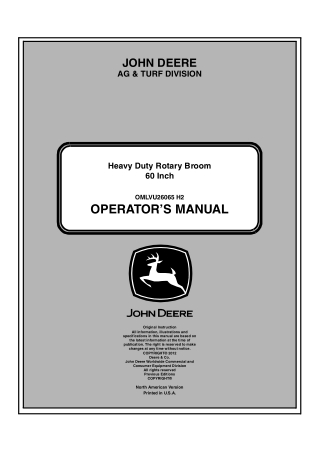 John Deere 60 Inch Heavy Duty Rotary Broom Operator’s Manual Instant Download (PIN010001-) (Publication No.OMLVU26065)