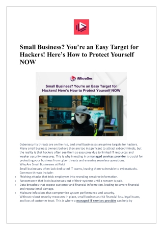 Small Business - You’re an Easy Target for Hackers! Here’s How to Protect Yourself NOW