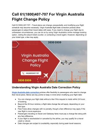 Call 61(1800)407-707 For Virgin Australia Flight Change Policy