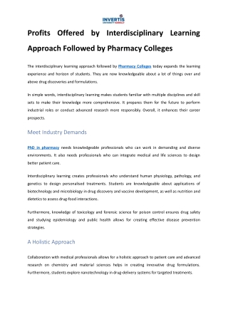 Profits Offered by Interdisciplinary Learning Approach Followed by Pharmacy Coll