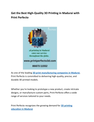 3D Printing Education in Madurai: Learn from the Best at Print Perfecto