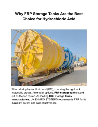 Why FRP Storage Tanks Are the Best Choice for Hydrochloric Acid