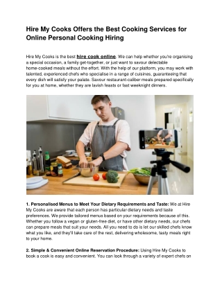 Hire My Cooks Offers the Best Cooking Services for Online Personal Cooking Hiring