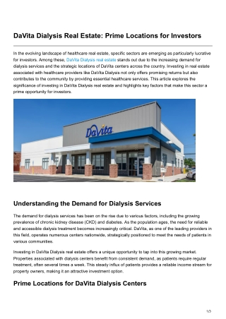 DaVita Dialysis Real Estate Prime Locations for Investors