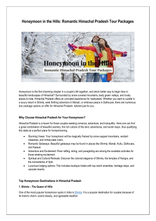 Honeymoon in the Hills: Romantic Himachal Pradesh Tour Packages
