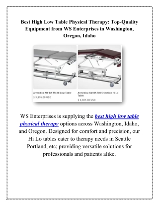 Best High Low Table Physical Therapy Top-Quality Equipment from WS Enterprises in Washington, Oregon, Idaho