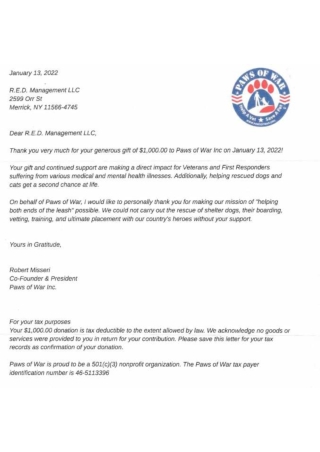 David J Reynoso – Donation Acknowledgment Letter from Paws of War