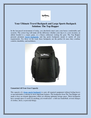Your Ultimate Travel Backpack and Large Sports Backpack Solution: The Top Hopper