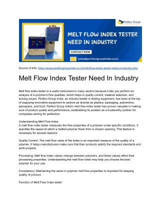 Melt Flow Index Tester Need In Industry