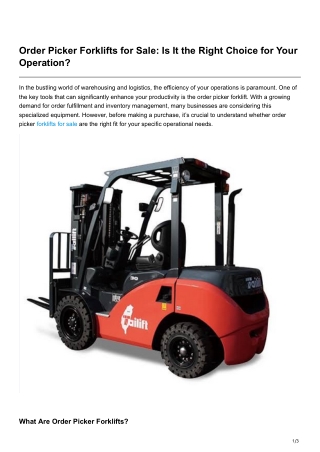Order Picker Forklifts for Sale Is It the Right Choice for Your Operation