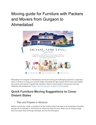 Moving guide for Furniture with Packers and Movers from Gurgaon to Ahmedabad