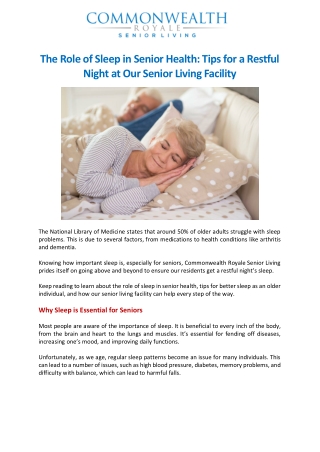 The Role of Sleep in Senior Health Tips for a Restful Night at Our Senior Living Facility