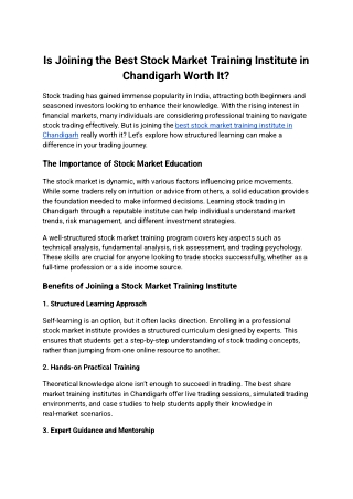 Is Joining the Best Stock Market Training Institute in Chandigarh Worth It