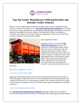 Top Tip Trailer Manufacturer Offering Durable and Reliable Trailer Vehicles