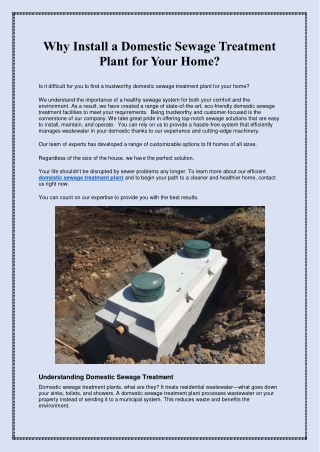Why Install a Domestic Sewage Treatment Plant for Your Home