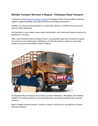 Reliable Transport Services in Birgunj – Himalayan Royal Transport