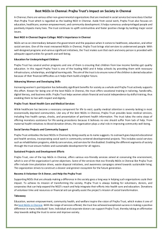 Best NGOs in Chennai: Prajha Trust’s Impact on Society in Chennai