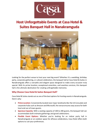 Host Unforgettable Events at Casa Hotel & Suites Banquet Hall in Nanakramguda