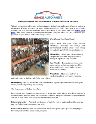 Finding Quality Used Auto Parts in the USA – Your Guide to Grade Auto Parts