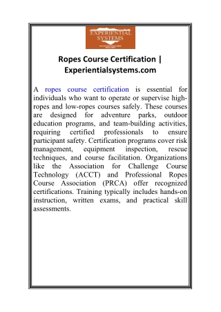 ropes course certification experientialsystems com
