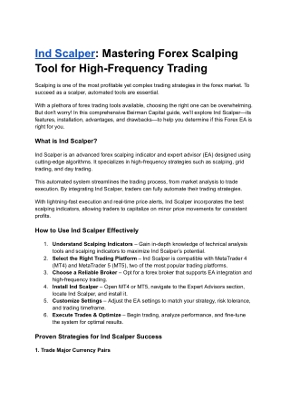 Ind Scalper: High Win Rate EA For High-Frequency Strategy