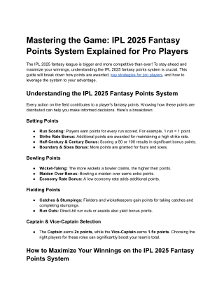 Mastering the Game: IPL 2025 Fantasy Points System Explained for Pro Players