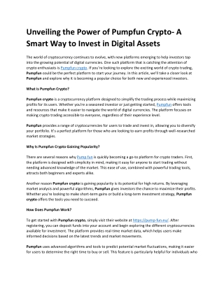 Unveiling the Power of Pumpfun Crypto- A Smart Way to Invest in Digital Assets