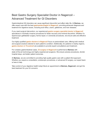 Best Gastro Surgery Specialist Doctor in Nagercoil – Advanced Treatment for GI Disorders
