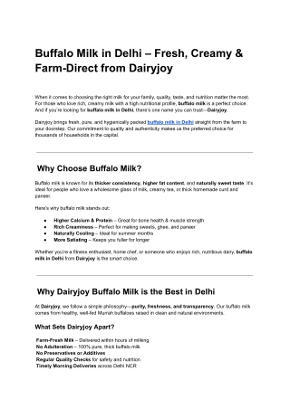 Buffalo Milk in Delhi – Fresh, Creamy & Farm-Direct from Dairyjoy