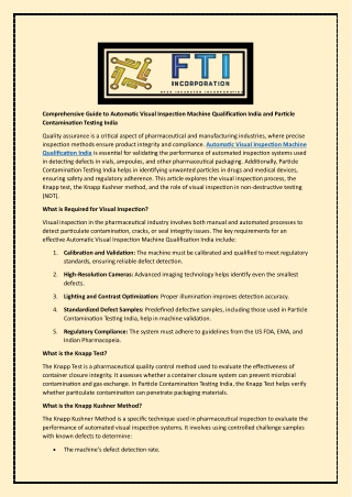 Comprehensive Guide to Automatic Visual Inspection Machine Qualification India and Particle Contamination Testing India