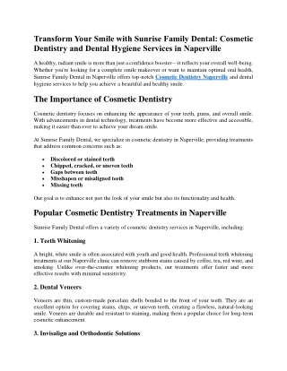 Transform Your Smile with Sunrise Family Dental Cosmetic Dentistry and Dental Hygiene Services in Naperville