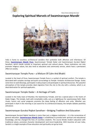Exploring Spiritual Marvels of Swaminarayan Mandir