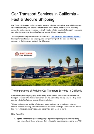 Car Transport Services in California - Fast & Secure Shipping